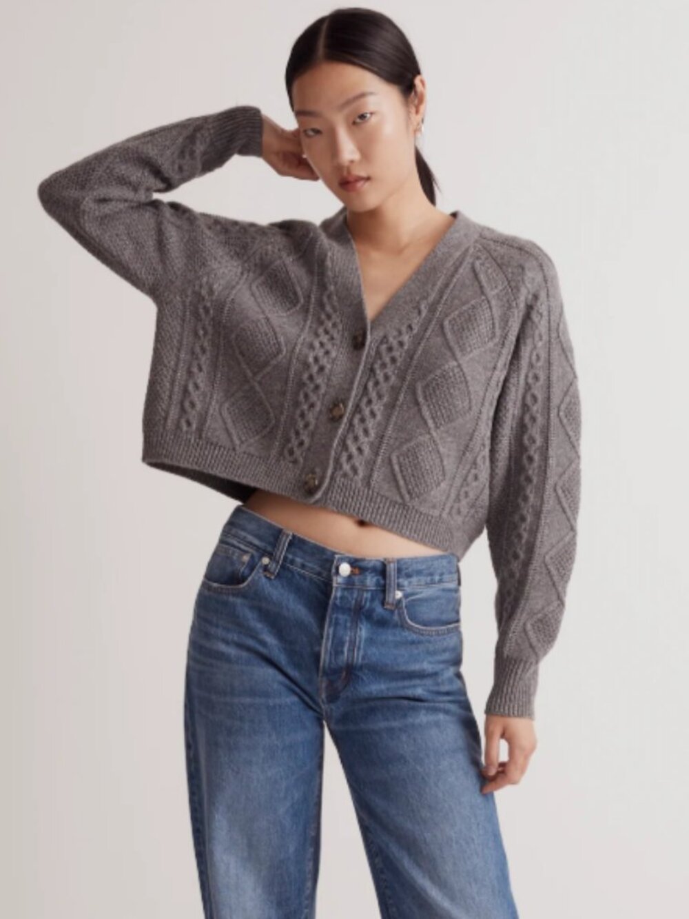 Madewell Cable-Knit Cropped Cardigan Heather Graphite‎ Large